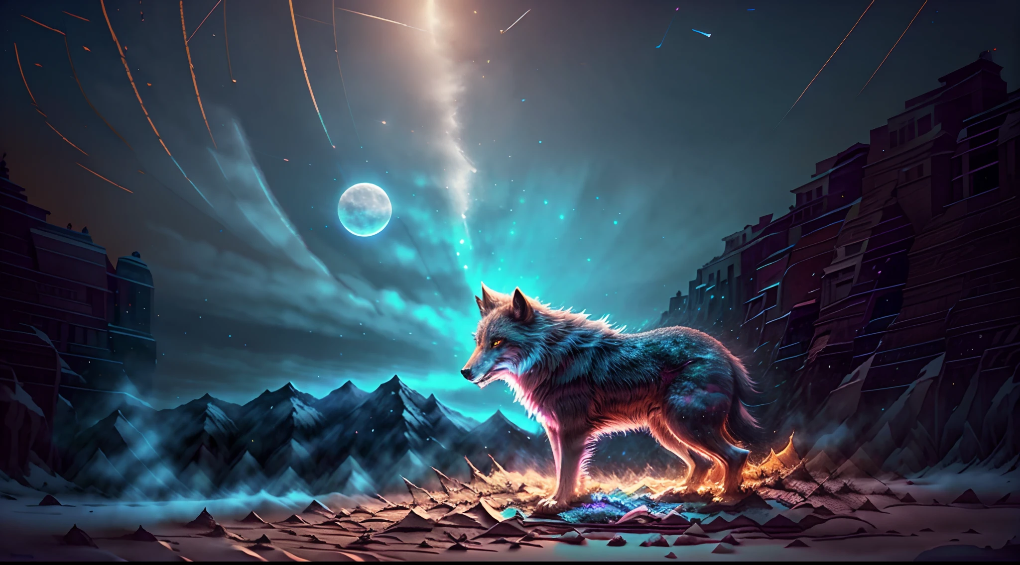 Create a t-shirt design featuring a majestic wolf howling at a vibrant, star-filled night sky, with the moon casting a soft glow on the landscape