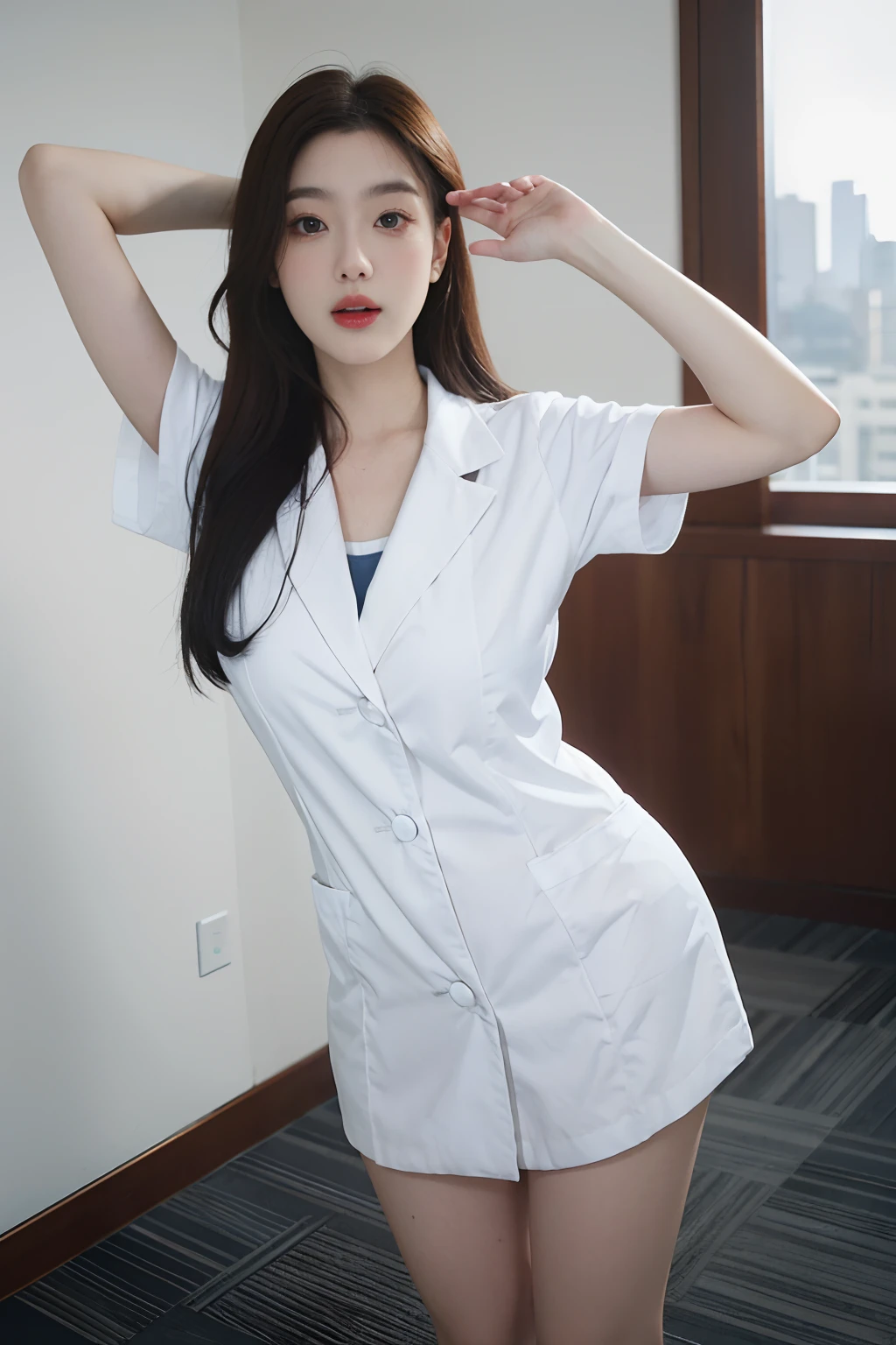 1girls, bestquality, office,hospital,Realistic, real light, large boobs、tremendously big.,beste-Qualit, ultra-high resolution, (photorealistic portrait:1.4),master-piece, office, Whole body,Female Doctor,doctor,Female Doctor,Gown set,white outfit,Stretch your legs.,Leg separation,Underwear Show,Sexual temptation