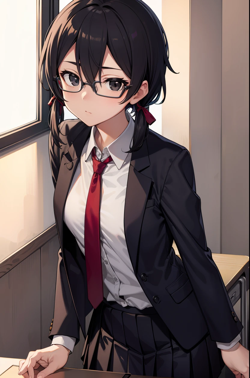 shinoasada, shino asada, (black eyes:1.5), black hair, hair between eyes, hair ribbon, short hair, sidelocks, glasses, (small breast:1.2),
BREAK blazer, black jacket, black skirt, jacket, necktie, pleated skirt, red necktie, ribbon, school uniform, skirt, tress ribbon,
BREAK looking at viewer,
BREAK indoors, classroom,
BREAK (masterpiece:1.2), best quality, high resolution, unity 8k wallpaper, (illustration:0.8), (beautiful detailed eyes:1.6), extremely detailed face, perfect lighting, extremely detailed CG, (perfect hands, perfect anatomy),