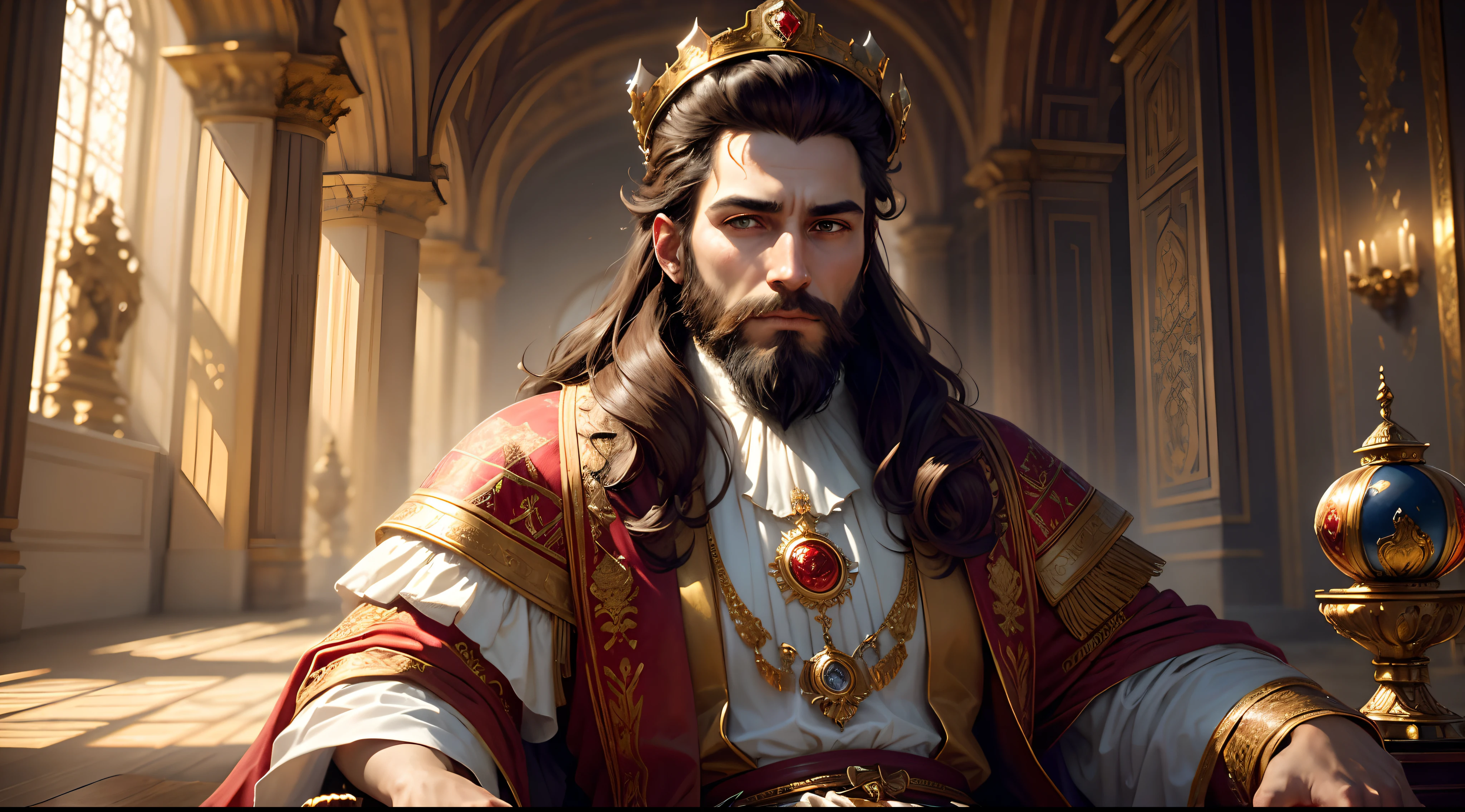 8k portrait of King Solomon, with medium beard, (dark brown hair and beard), brown eyes, dressed in white and red tonic, ((with a king's crown on his head with 12 precious stones of different colors)), intricate, elegant, highly detailed, majestic, digital photography, art by artgerm and ruan jia and greg rutkowski surreal painting, background an interior of a super detailed palace (masterpiece, Side lighting, beautiful finely detailed eyes: 1.2), HDR