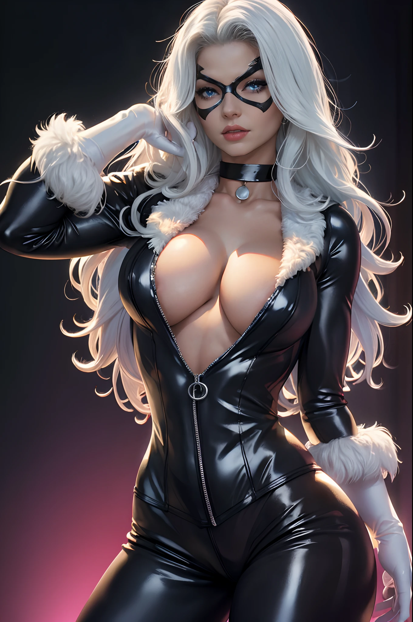 straight-on,upper-body,looking a viewer, BREAK, cartoony_Felicia_Black Cat Long hair,white colored hair,lipstick,blue eyes,makeup,lips,large breasts,鎖骨,red-lips,claws,extra very long hair, mask,Bodysuit,domino mask,gloves,Choker,white gloves,collar,superhero,black bodysuit,fur-trim,cleavage,skin tight,zipper,spiked collar,unzipped,Jewelry,black choker,latex,glittering,center opening, BREAK, official arts,extremely detailed CG unity 8k wallpaper, perfect lighting,Colorful, Bright_front_s face_illumination,sparkly skin, (Masterpiece:1.0),(Best_Quality:1.0), extra high resolution,4k,Ultra-detailed, photografic, 8K, HDR, hight resolution, (absurdress:1.2), Kodak Portra 400, Film grain, blurred background, (bokeh:1.2), lens flare, (Vibrants_Color:1.2),professional photo of a, (Beautiful_s face:1.5), Protruding Breasts, Torpedo Tits, Hypermuscular Body, Very muscular girl, Super Huge Biceps, ripped muscles, White long hair