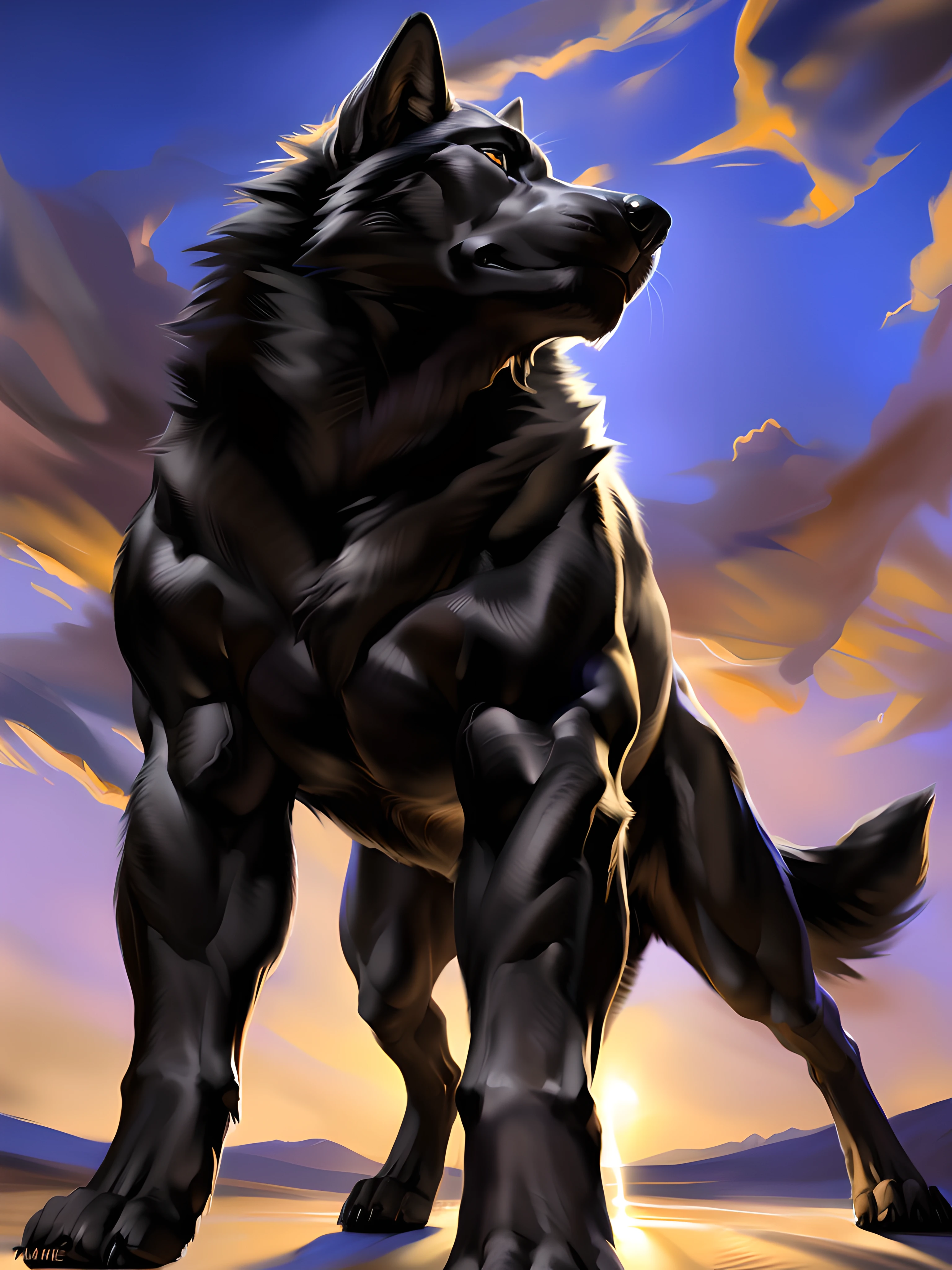muscular feral wolf posing for the camera, standing, (front view, facing the camera:1.2), (low angle-shot:1.2), 4k, high resolution, best quality, perfect colors, perfect shadows, perfect lighting, posted on e621, (black wolf, black body:1.1), (feral body, feral wolf, quadruped wolf:1.05), wolf, (solo:1.1), male, adult, very masculine, (very muscular feral, very buff feral, biceps, muscular legs, defined muscles, heavyweight, thick build:1.5), (anthro pecs, pectorals, large pecs, strong chest:1.7), correct anatomy, (photorealistic fur, detailed fur, epic, masterpiece:1.2), (sunset sky background, stars, beautiful sky:1.3), sexy shadows, (by Taran Fiddler, by rukis, chunie lighting), (by echin:0.5), (detailed eyes:1.2), impressive physique, serious face, strong chest, (close-up:1.0), short fur, tight muscles, alpha wolf