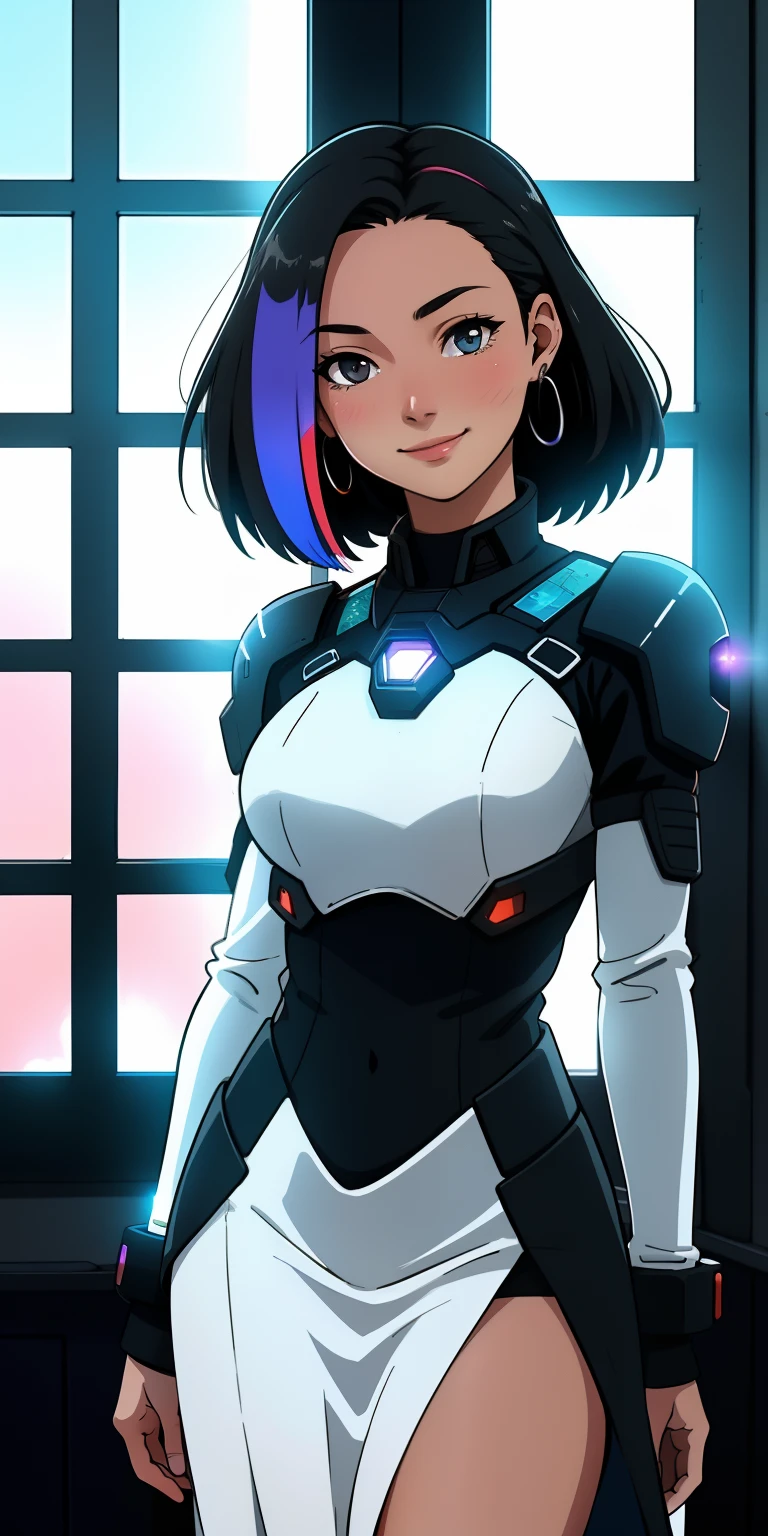 uma foto retrato de mulher jovem, vestido sci-fi, mulher negra, cabelo curto, corpo inteiro, nave espacial, fundo desfocado, smiling and looking at the camera, standingn, raios solares, window lighting, hdr, antialiased, 8k, sharpened details, (hdr:1.2), (cores silenciadas:1.2), foto RAW, grain of film, Fujifilm XT3