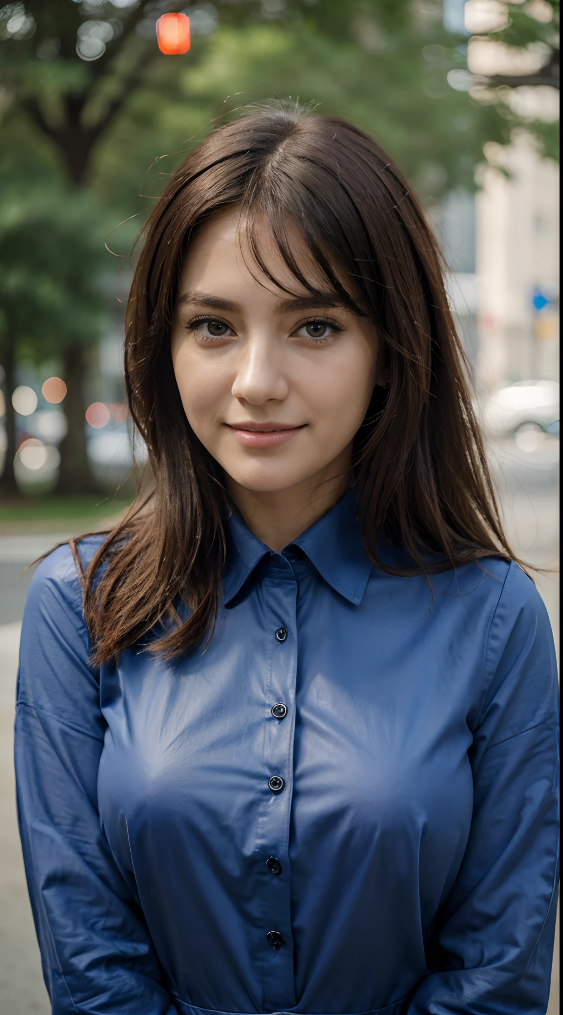 (masterpiece:1.3), (8K, Photorealistic, RAW images, best quality: 1.4), Japan, beautiful face, (Realistic faces), (medium hair:1.3), Beautiful hairstyle, Real eyes, beautiful eyes, (genuine leather)  , beautiful skin, attractive, Ultra-high definition, hyper-realistic, High resolution, Business lady, Midnight Park, Pose freely, When you see viewers, smiling, blue shirt outfit