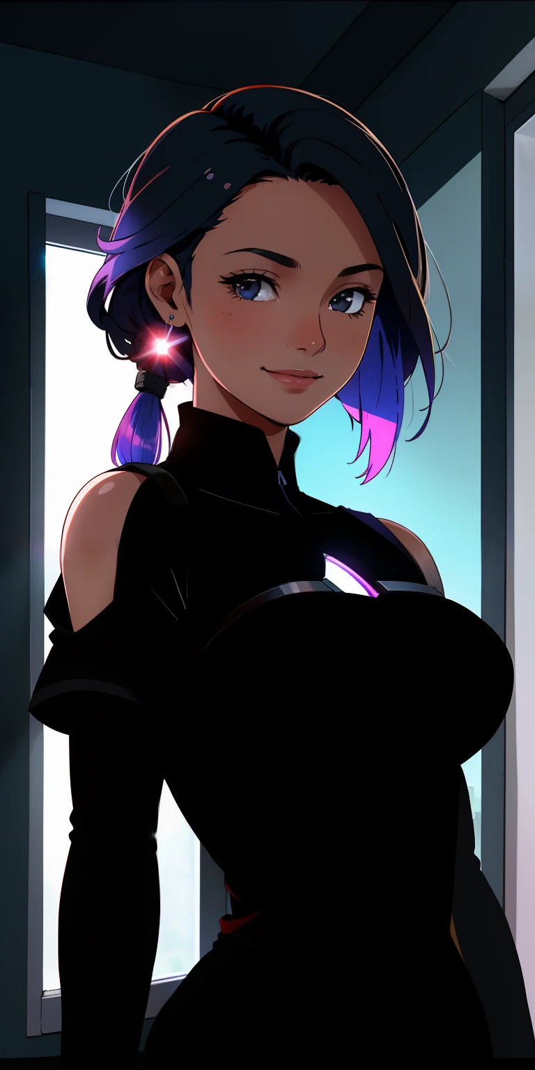 uma foto retrato de mulher jovem, vestido sci-fi, mulher negra, cabelo curto, corpo inteiro, nave espacial, fundo desfocado, smiling and looking at the camera, standingn, raios solares, window lighting, hdr, antialiased, 8k, sharpened details, (hdr:1.2), (cores silenciadas:1.2), foto RAW, grain of film, Fujifilm XT3