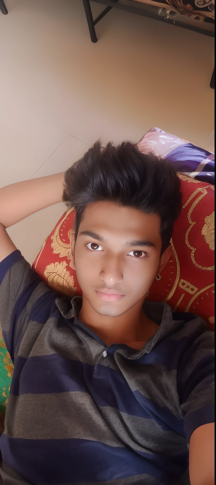 there is a young man sitting on a couch with his hands on his head, with accurate face, around 1 , ayan nag, front profile!!!!, jayison devadas, vinayak, good looking face, selfie photo, with kind face, face picture, without helmet, young face, young cute face, handsome face, with lovely look
