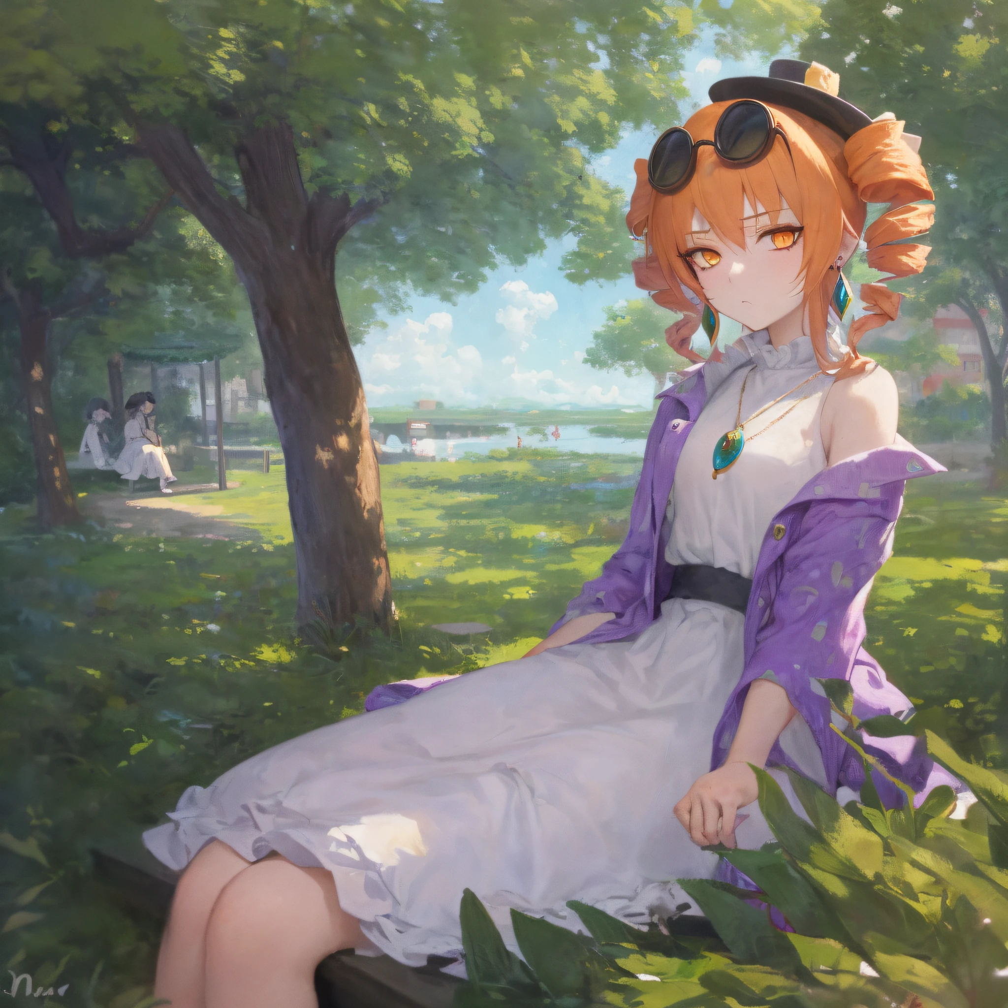 1girl, solo, yorigami jo'on, orange hair, drill hair, eyewear on head, orange eyes, jewelry, white dress, purple jacket, pendant, earrings, black hat, looking at viewer, outdoors, upscale restaurant, crowd, sitting, side drill, sigh, disgust, tired, makeup, rococo style, Monet,smoking