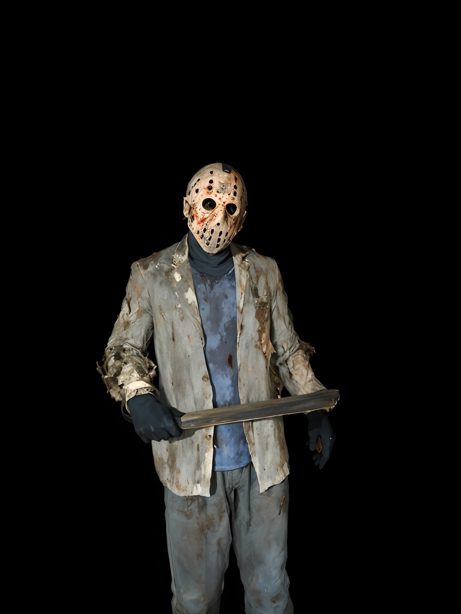 imagem de um homem de terno segurando uma faca, Jason Voorhees, JASON, inspirado em Clark Voorhees, corpo inteiro com traje, slasher filme de terror, horror animatronic, horror!! altamente detalhado, full body and head, Iconic character of high detail, traje completo, full body and head view, Directed by: Clark Voorhees, And behind him is hell on fire