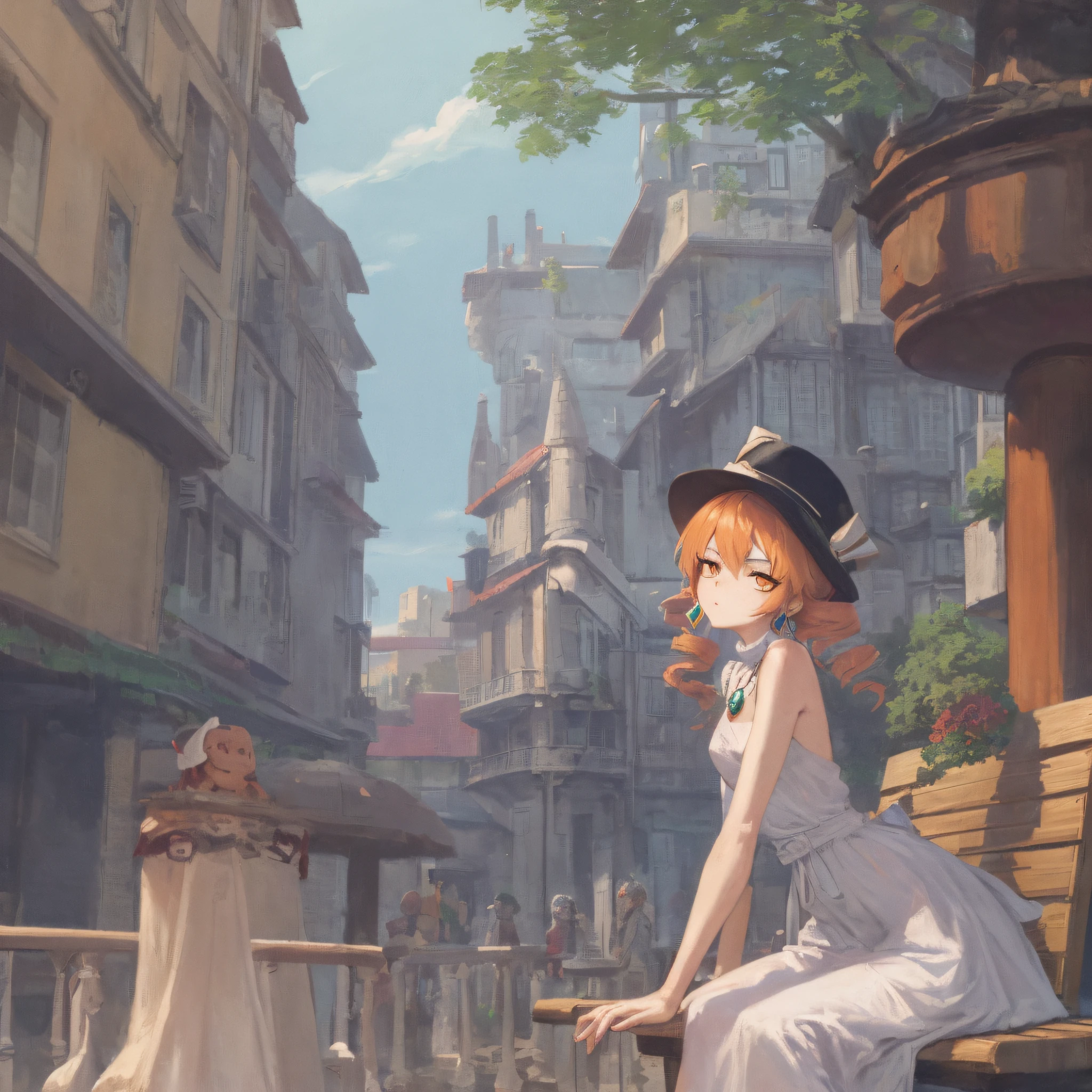 1girl, solo, yorigami jo'on, orange hair, drill hair, eyewear on head, orange eyes, jewelry, white dress, purple jacket, pendant, earrings, black hat, looking at viewer, outdoors, upscale restaurant, crowd, sitting, side drill, sigh, disgust, tired, makeup, rococo style, Monet,smoking