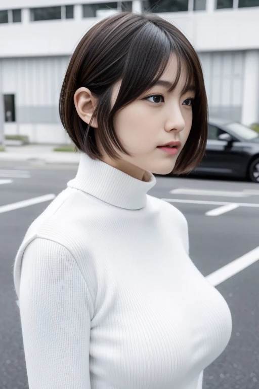 White Turtleneck Shirt,very big boobs,Colossal tits, wearing turtleneck,, beautiful japanese female, Beautiful young Japan woman, A Japanese Lady,Put the shirt in jeans,,,skinny  body,,High school students,18year old,Masculine hairstyle,Cool Woman,short-cut,Facing to the side,sideways Facing,Angle from the side,School,large breast bulge,Walking at an intersection