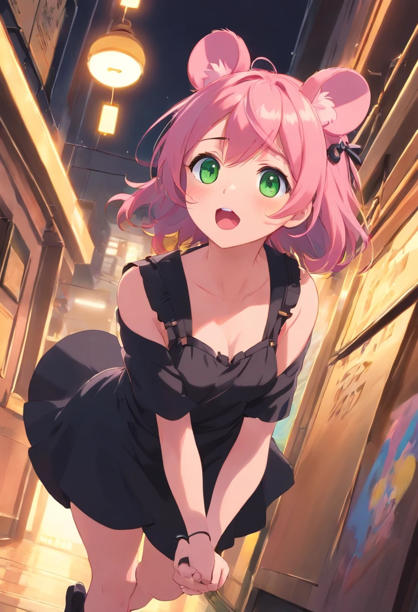 best quality,ultra-detailed,green eyes,pink hair,black dress,toy mouse hanging from mouth,solo,neko