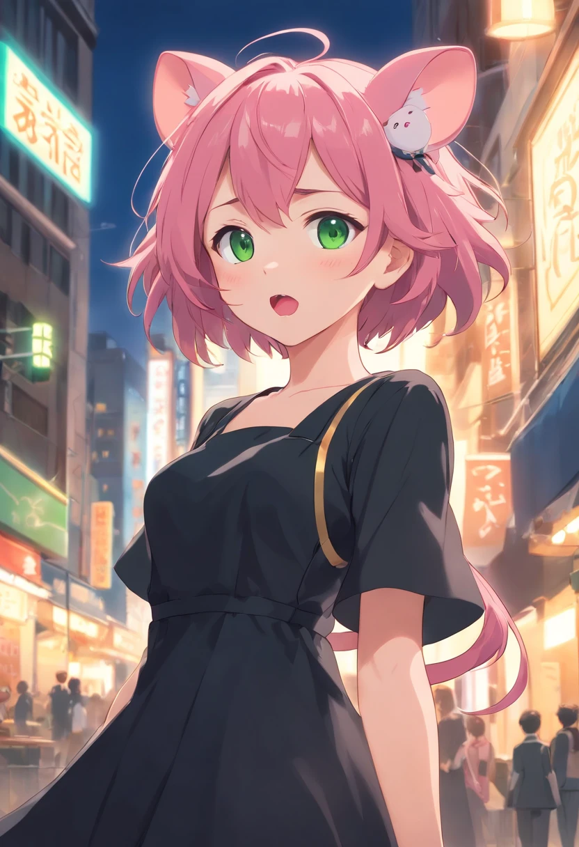 best quality,ultra-detailed,green eyes,pink hair,black dress,toy mouse hanging from mouth,solo,neko