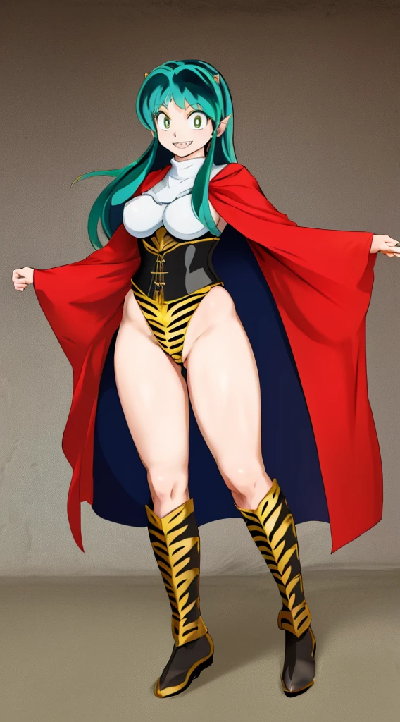 masterpiece, best quality,medieval armor, corset, breastplate,lum, , urusei yatsura, cloak, pants, pullover, kimono,martial pov,, pantyhose, sharpteeth, standing,smile, matial art,, full body, boots , pant, medium breast, pants, pullover,martial pov