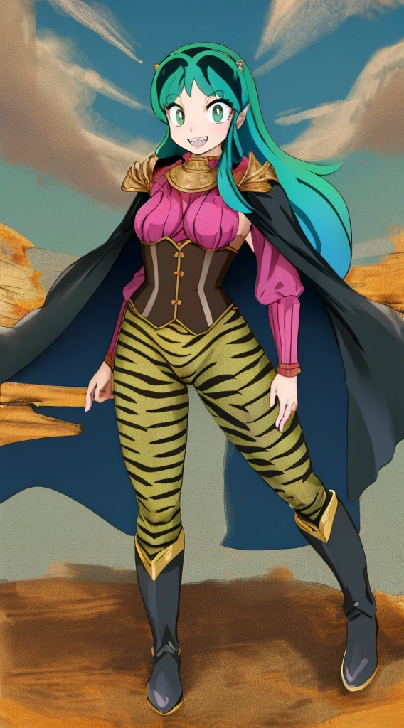 masterpiece, best quality,medieval armor, corset, breastplate,lum, , urusei yatsura, cloak, pants, pullover, kimono,martial pov,, pantyhose, sharpteeth, standing,smile, matial art,, full body, boots , pant, medium ??????, pants, pullover,martial pov
