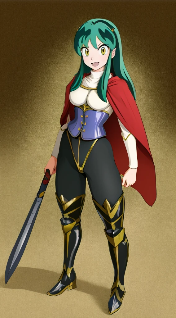masterpiece, best quality,medieval armor, corset, breastplate,lum, , urusei yatsura, cloak, pants, pullover, kimono,martial pov,, pantyhose, sharpteeth, standing,smile, matial art,, full body, boots , pant, medium breast, pants, pullover,martial pov