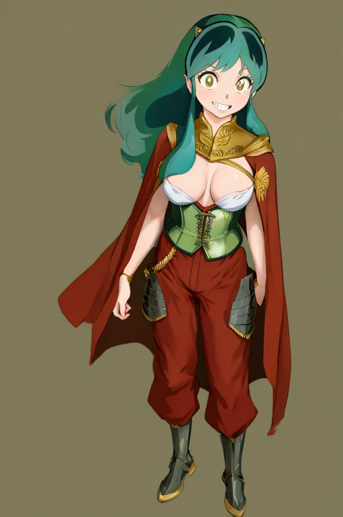 masterpiece, best quality,medieval armor, corset, breastplate,lum, , urusei yatsura, cloak, pants, pullover, kimono,martial pov,, pantyhose, sharpteeth, standing,smile, matial art,, full body, boots , pant, medium breast, pants, pullover,martial pov