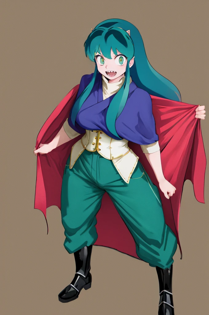 masterpiece, best quality,medieval armor, corset, breastplate,lum, , urusei yatsura, cloak, pants, pullover, kimono,martial pov,, pantyhose, sharpteeth, standing,smile, matial art,, full body, boots , pant, medium breast, pants, pullover,martial pov