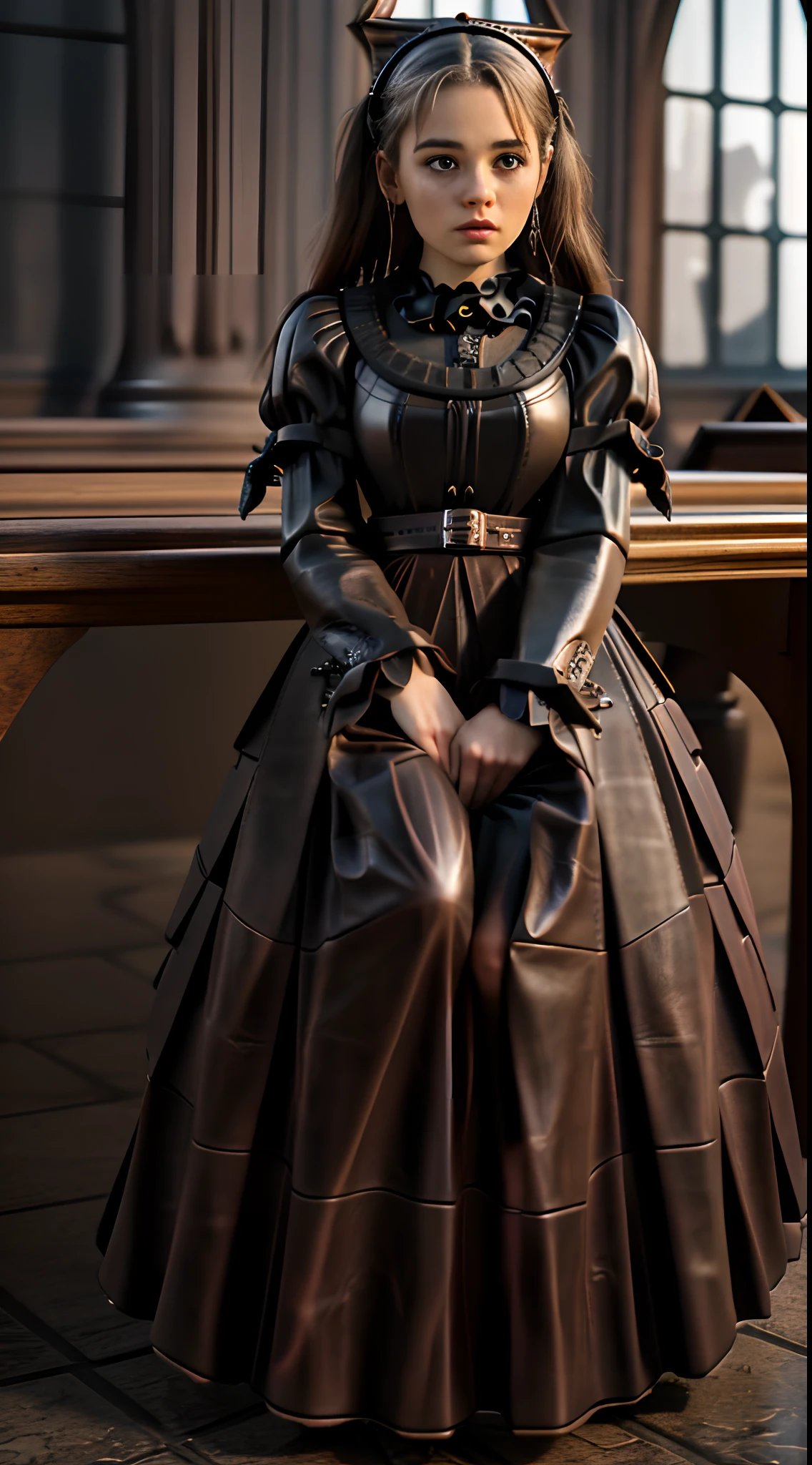 16k resolution, beautiful supermodel, highres, RAW photo, absurdres, full body portrait, Masterpiece, best quality, (very detailed CG Unity 16k wallpaper), (best quality), (best illustration), (best shadow), (beautiful woman Forced to pee herself during exam: 1.5), denied bathroom request, (grabbing sides of ballgown skirt curtsy: 1.7), defeated accepting the inevitable peeing herself (pees herself during exam: 1.5) (puddle forming under ballgown:1.4), (thick leather gothic long floor length pleated ballgown skirt:1.8) (leather gothic pleated ballgown: 1.8) (large breasts: 1.6) (corset halter: 1.5) (knee high combat boots:1.4), long braided pigtails, sadness, red lips, embarrassed, blushing, ashamed, silently crying, (legs crossed trying to close her pee hole: 1.5),