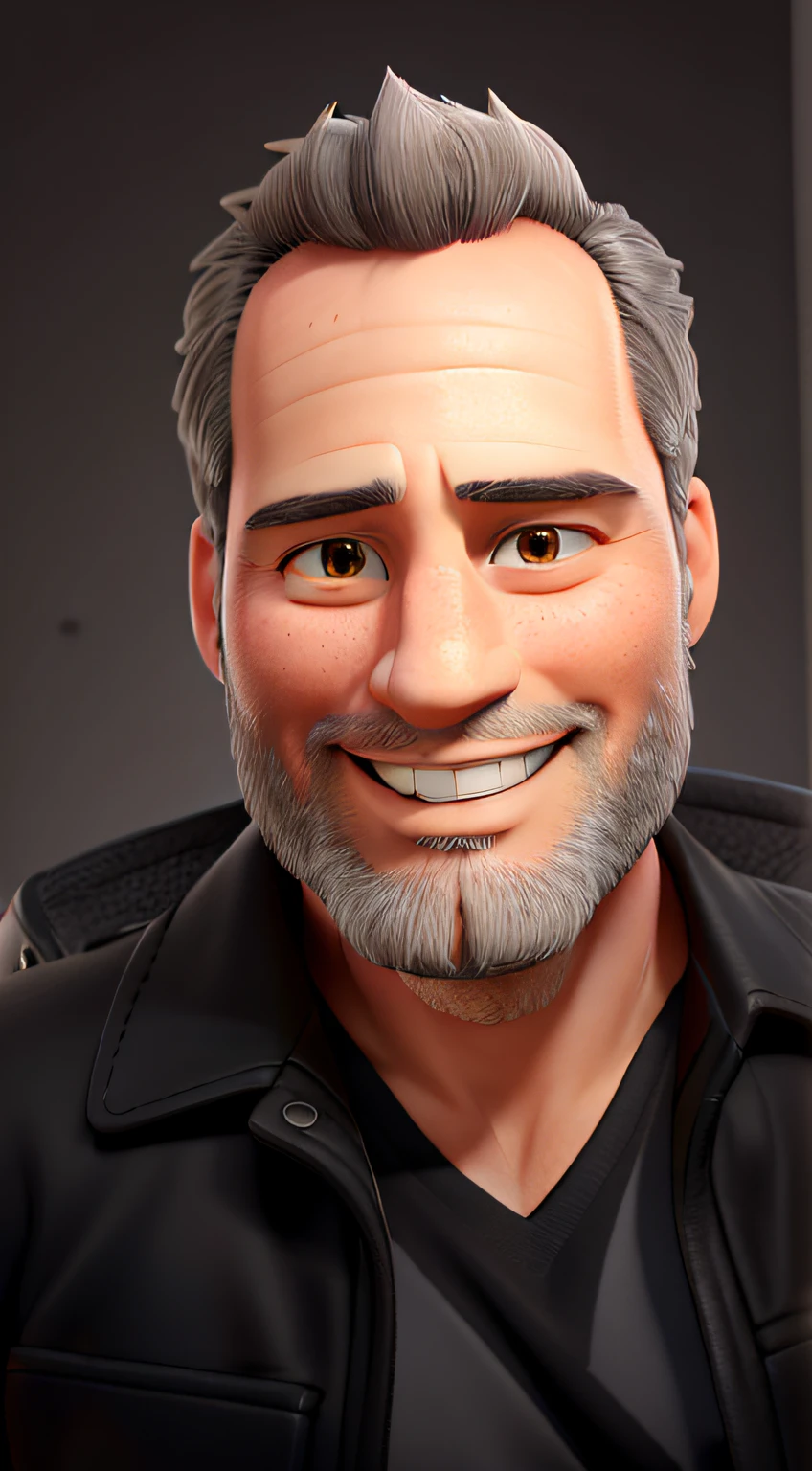44-year-old man, smiling, with a short, well-trimmed beard, slightly gray hair, wearing a black leather jacket.