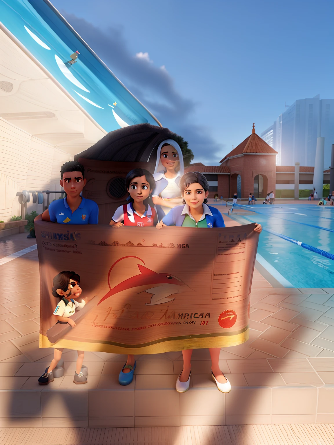 Uma professora com seus atletas nadadores na piscina