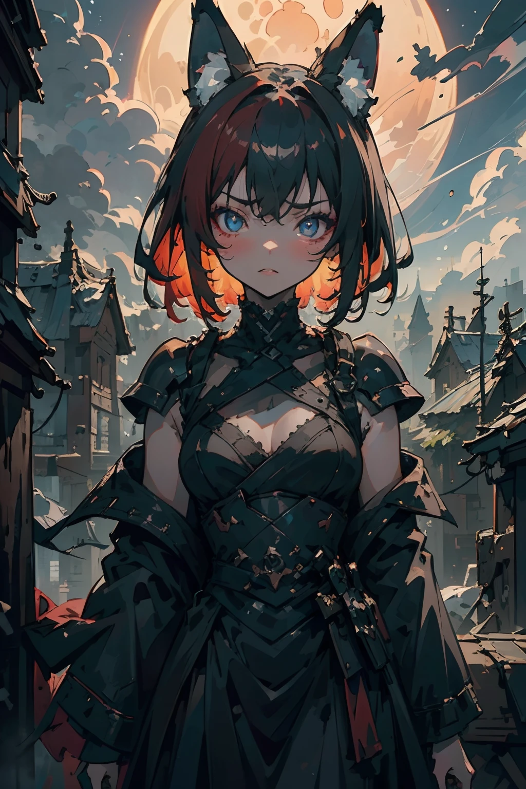 (best quality,4k,highres,ultra-detailed,Masterpiece), (impressionism:1.4),A girl with red hair, wearing black clothing, is crouched on a roof in the dead of night. She holds a dagger, her face hidden behind a black face mask. The moon is shining brightly, illuminating the scene with a soft, ethereal light. The whole image is enveloped in an atmosphere of mystery and danger. The girl's eyes are piercing, her lips pressed together with determination. The details of her face, especially her eyes, are extremely detailed, capturing every nuance and intensity. The smoke from her black attire swirls around her, creating an eerie and dramatic effect. The painting is done in the style of impressionism, with bold brushstrokes and vibrant colors, adding a touch of artistry to the scene. The colors are predominantly dark and mysterious, with hints of red and blue to highlight the moonlight. The composition and lighting create a sense of depth and dimension, making the image come to life. This artwork is a masterpiece, showcasing the highest quality, resolution, and attention to detail. The final result is a stunning and captivating image of an assassin on a moonlit rooftop.