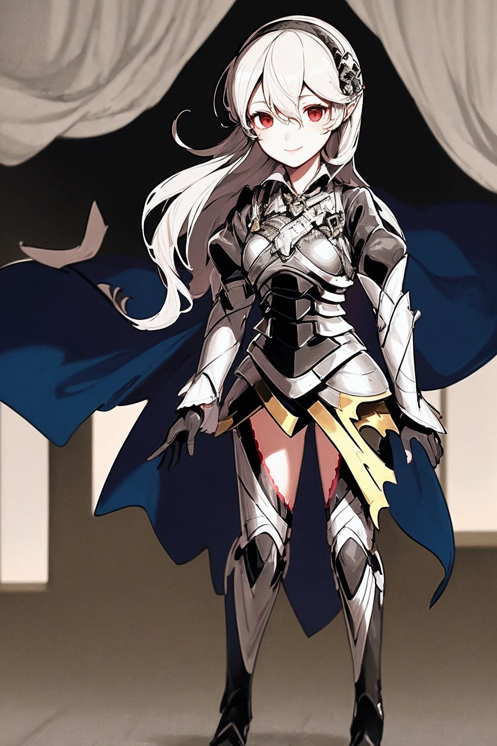 masterpiece, best quality, defCorrin, black hairband, armored dress, blue cape, puffy sleeves, juliet sleeves, vambraces, black gloves, armored legwear, upper body, looking at viewer, castle, gothic architecture, smile, sky, clouds, hands to heart full body, standing,full body, pantd, boots,