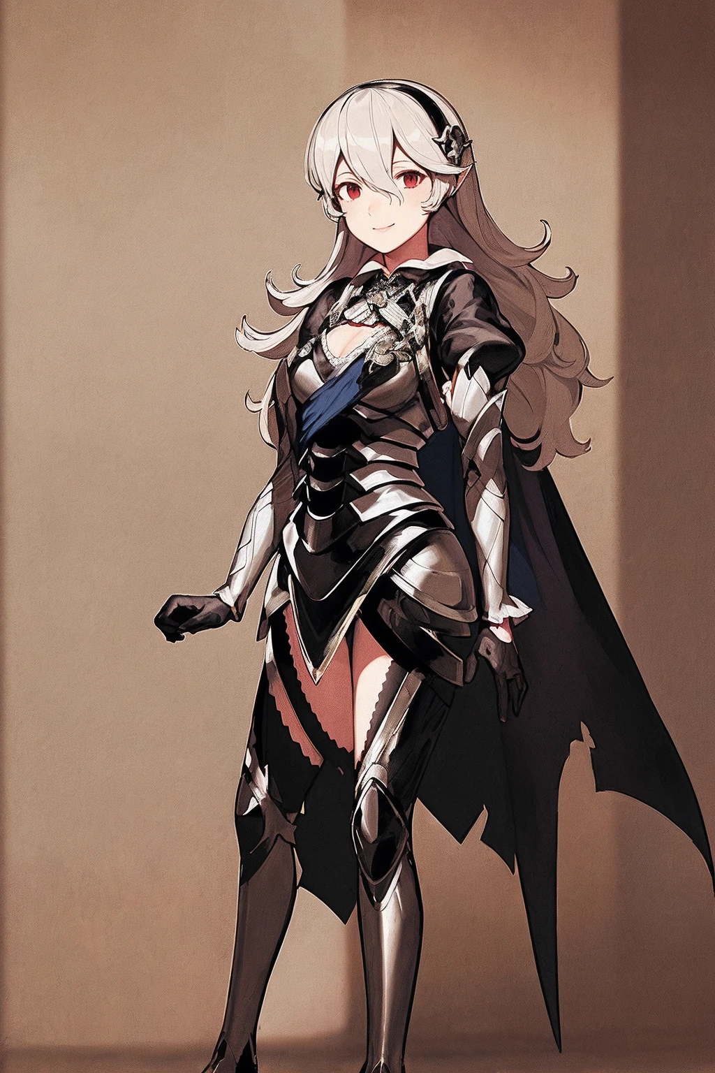 masterpiece, best quality, defCorrin, black hairband, armored dress, blue cape, puffy sleeves, juliet sleeves, vambraces, black gloves, armored legwear, upper body, looking at viewer, castle, gothic architecture, smile, sky, clouds, hands to heart full body, standing,full body, pantd, boots,