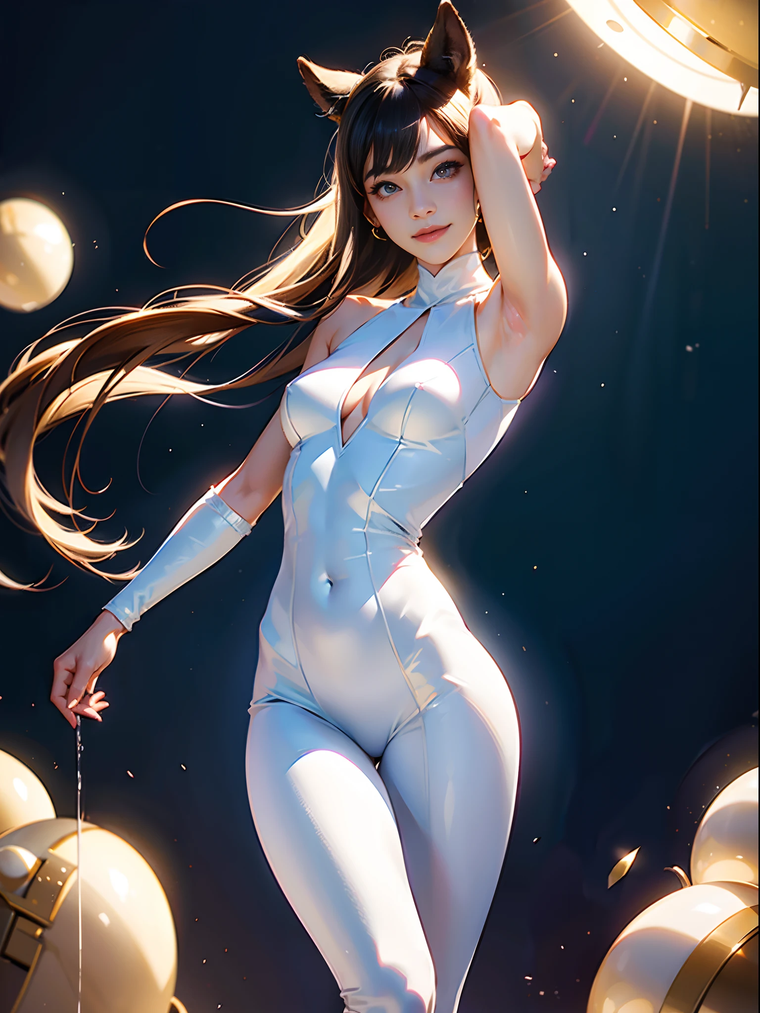 8K、An ultra-high picture quality、Ultra-realistic details、1 beautiful girl, 22 years old、Beautiful body、Supple curves、large udder、Super tight white silk dress with a small area、Open from chest to crotch、Innerless、Sit in a super sexy pose、Soft lighting、Professional photographer photography、He narrows his eyes a little and smiles、
