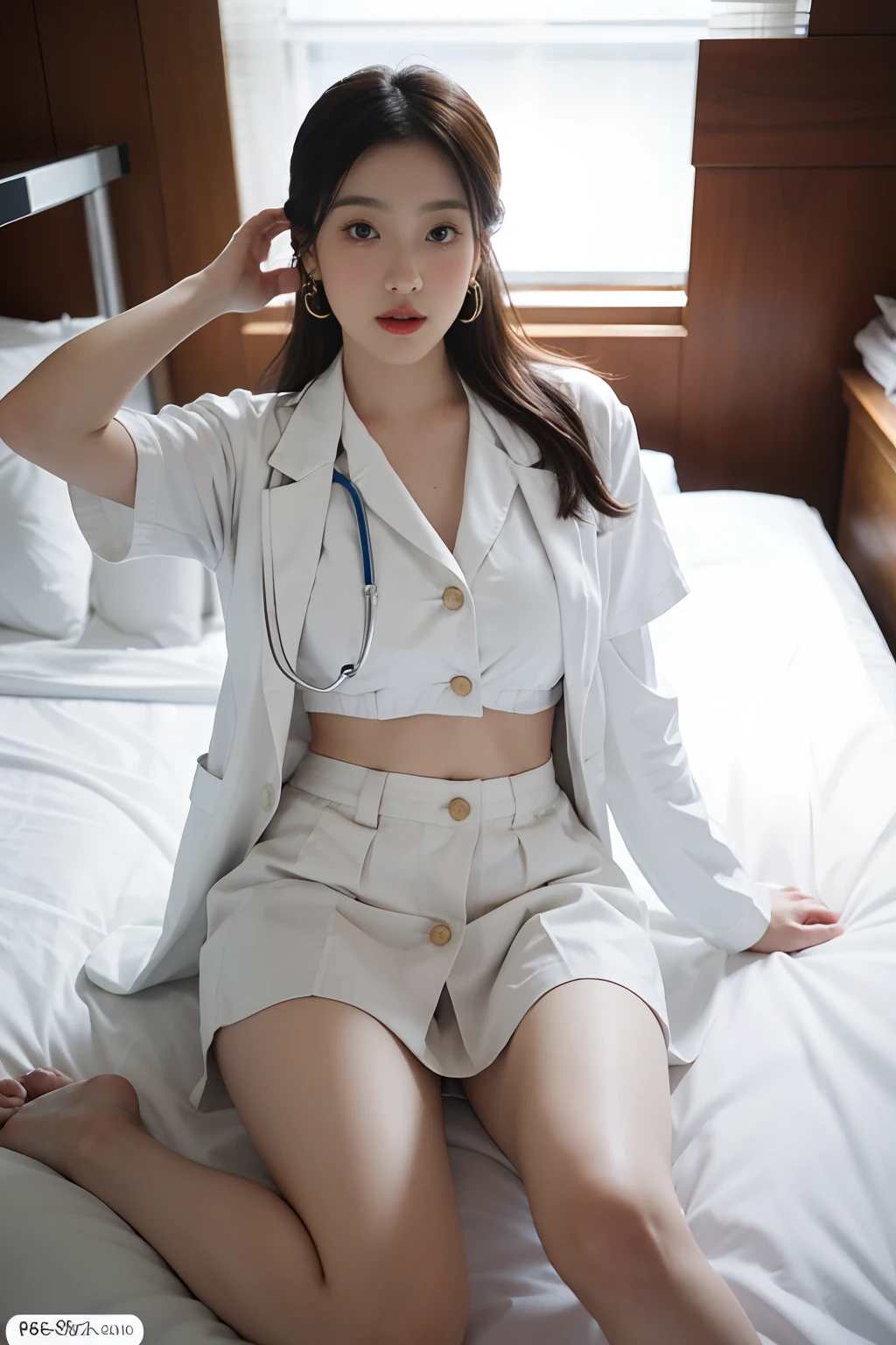 1girls, bestquality, office,hospital,Realistic, real light, large boobs、tremendously big.,beste-Qualit, ultra-high resolution, (photorealistic portrait:1.4),master-piece, office, Whole body,Female Doctor,doctor,Female Doctor,Gown set,white outfit,Stretch your legs...,Leg separation,Underwear Show,Sexual temptation,earings,A little embarrassed..,36 years old