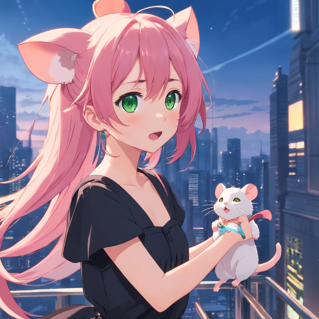 best quality,ultra-detailed,green eyes,pink hair,black dress,toy mouse hanging from mouth,solo,neko
