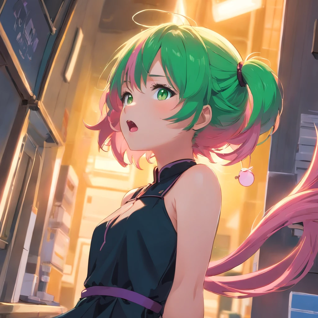 best quality,ultra-detailed,green eyes,pink hair,black dress,toy mouse hanging from mouth,solo,neko