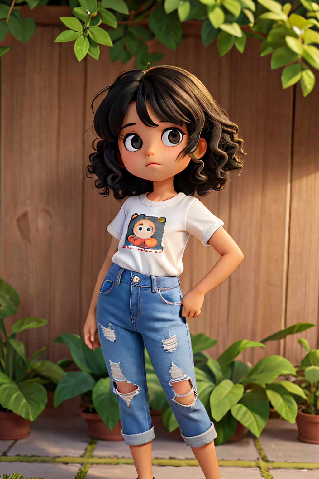 pequena joven exploradora fazendo varias poses e triste, children's book illustration style, She's cute and she's 8 years old , her hair is black and VERY curly, Her skin is black and she is wearing a white short-sleeved shirt and wearing long jeans, e usando um chinelo branco.
