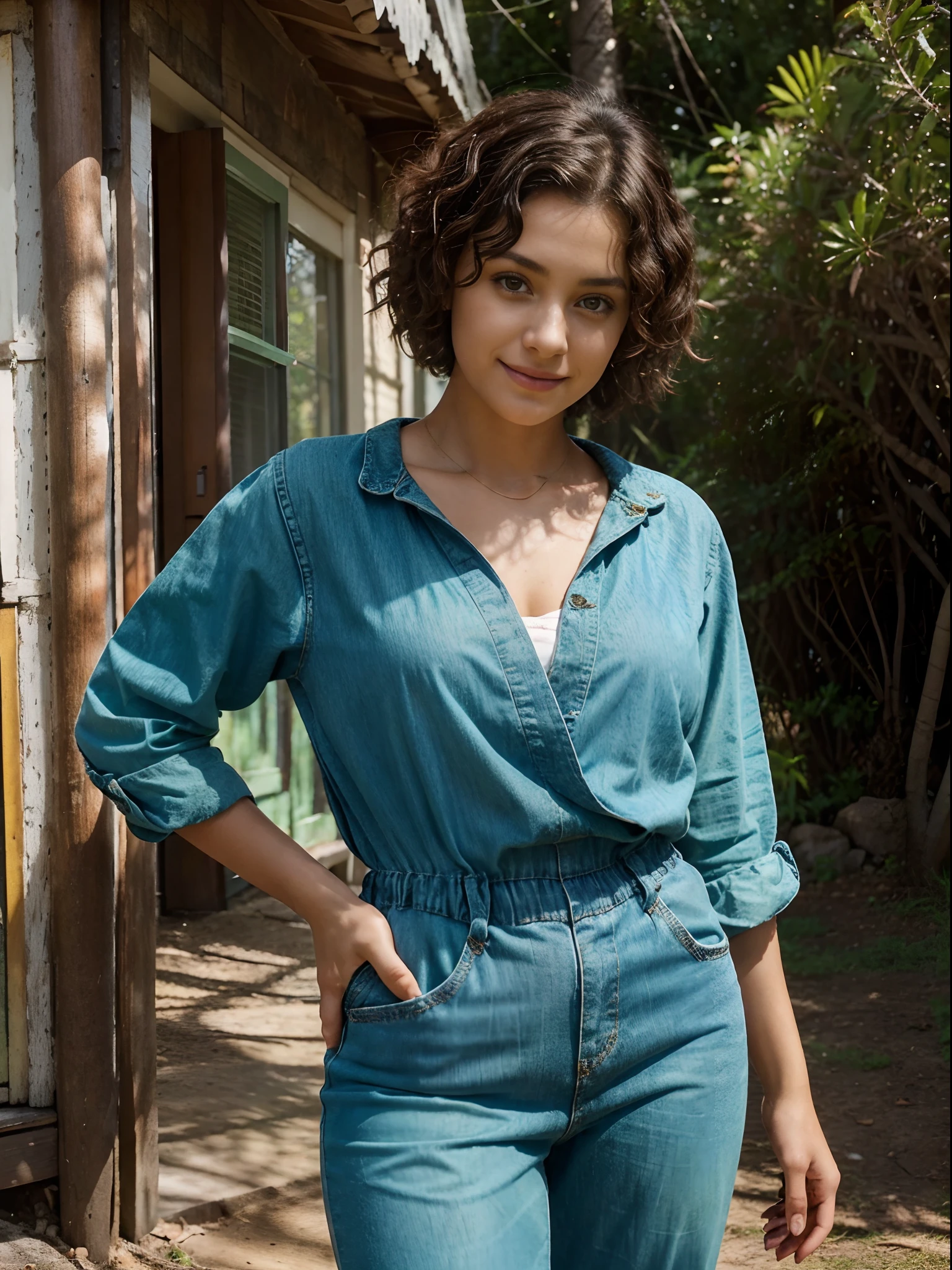 Beautiful young country girl with curly short hair , her hair is loose, very curly, dark eyes and brown skin, she is in a wooded place, with colorful houses, it's daytime and it's a beautiful sun, she's cheerful and fun, she's wearing a denim jumpsuit and a green sleeve blouse, Looking thoughtfully at the camera