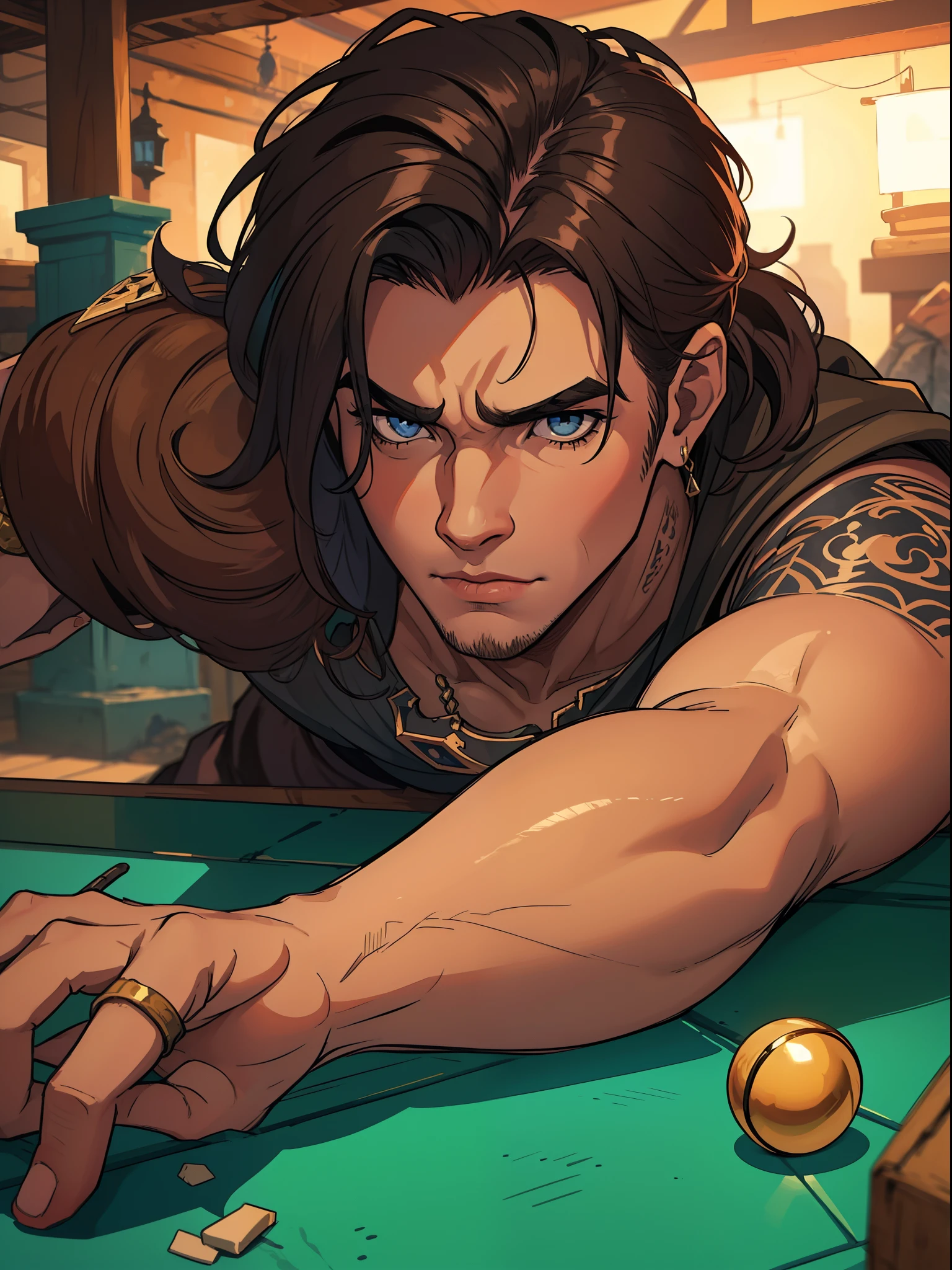 1 Homem lindo jovem Steampuk, Tattuagens, fundo cidade anoite, uma arte para um Jogo de rpg, Non-human art for an RPG ((perfect strokes)) ((cabelo detalhado))