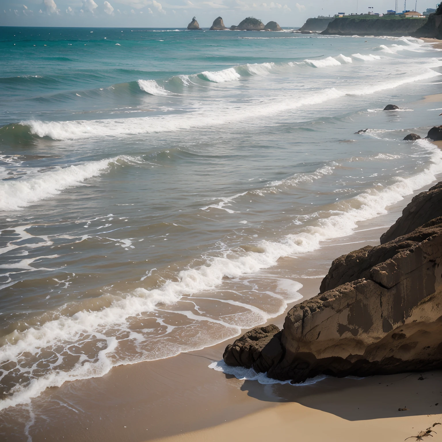 Praia cristalina com ondas leves, areia limpa, um coqueiro.
