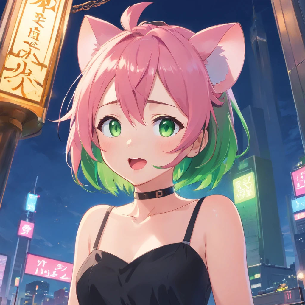 best quality,ultra-detailed,green eyes,pink hair,black dress,toy mouse hanging from mouth,solo,neko