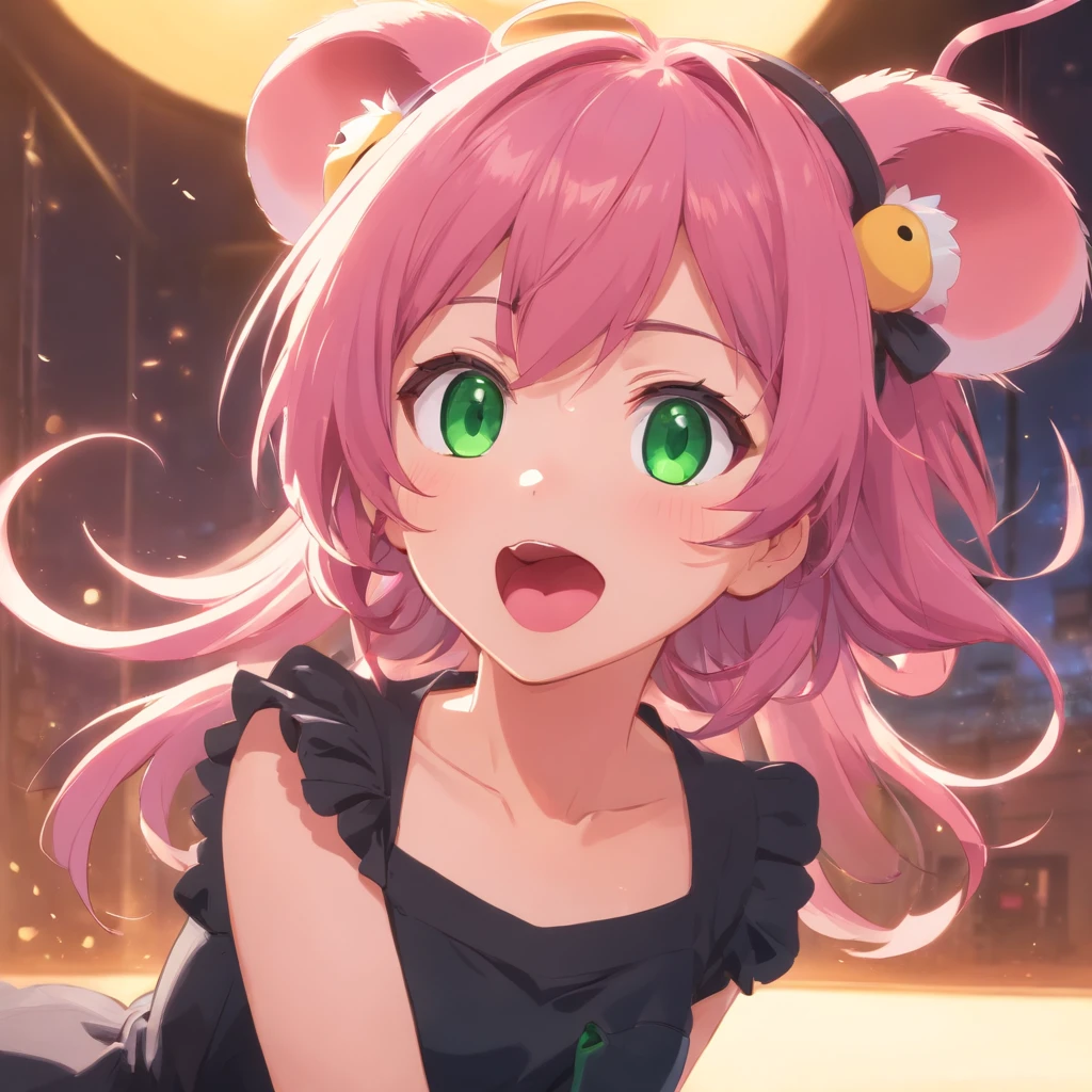 best quality,ultra-detailed,green eyes,pink hair,black dress,toy mouse hanging from mouth,solo,neko