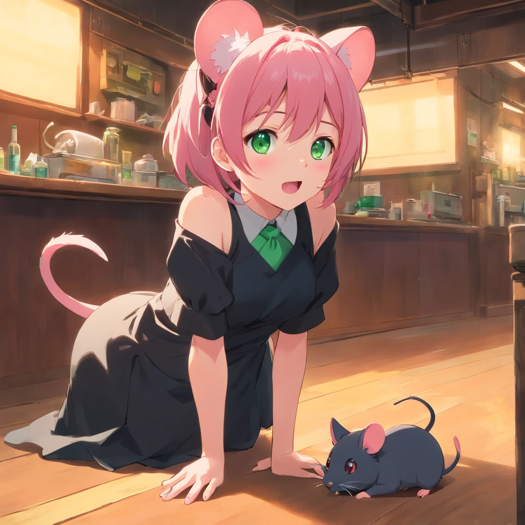 best quality,ultra-detailed,green eyes,pink hair,black dress,toy mouse hanging from mouth,solo,neko