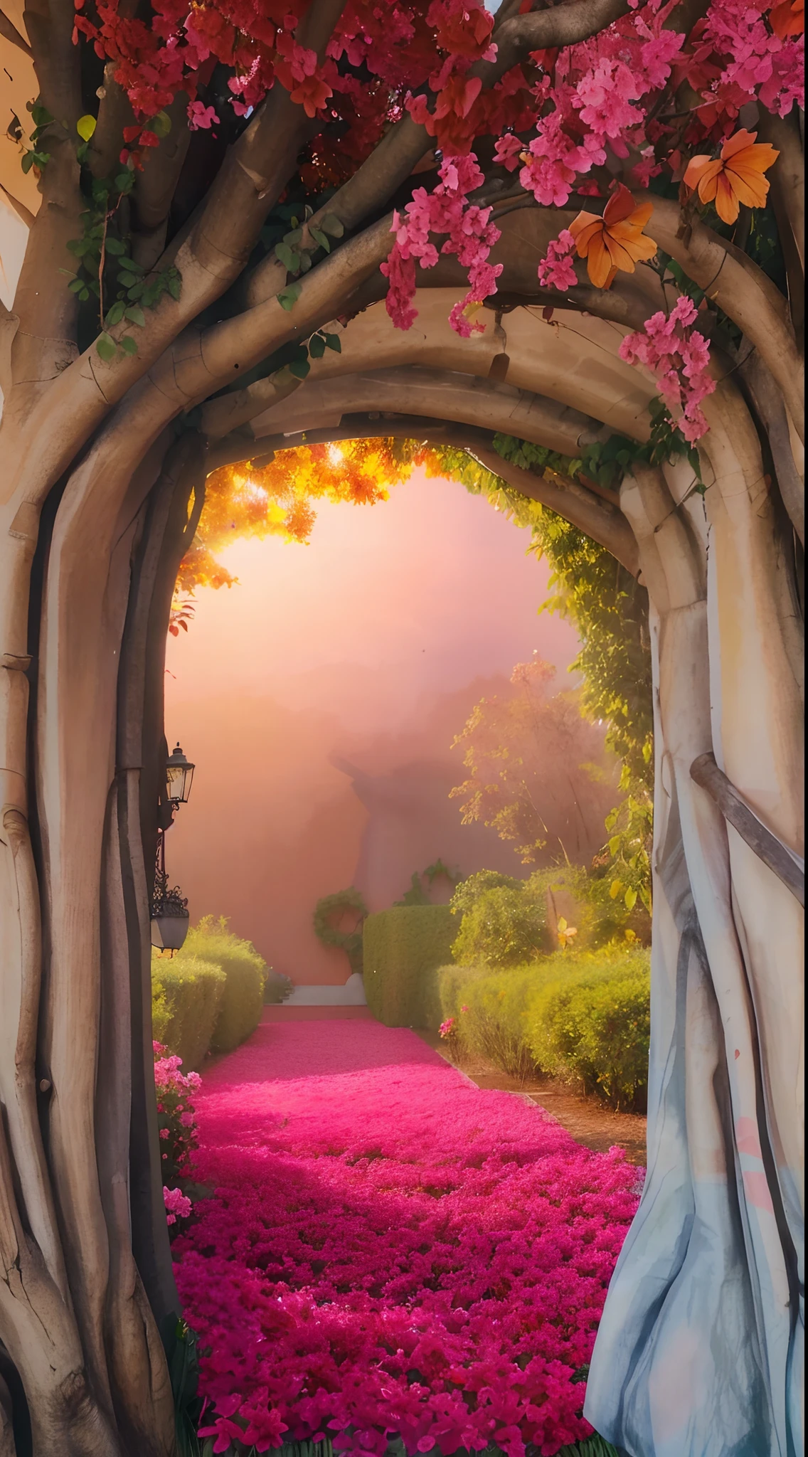 Pixar 3D style drawing of a tree forming an arc with several pink leaves and flowers, amarela, roxa e laranjada. In the background a beautiful garden with birds and butterflies.