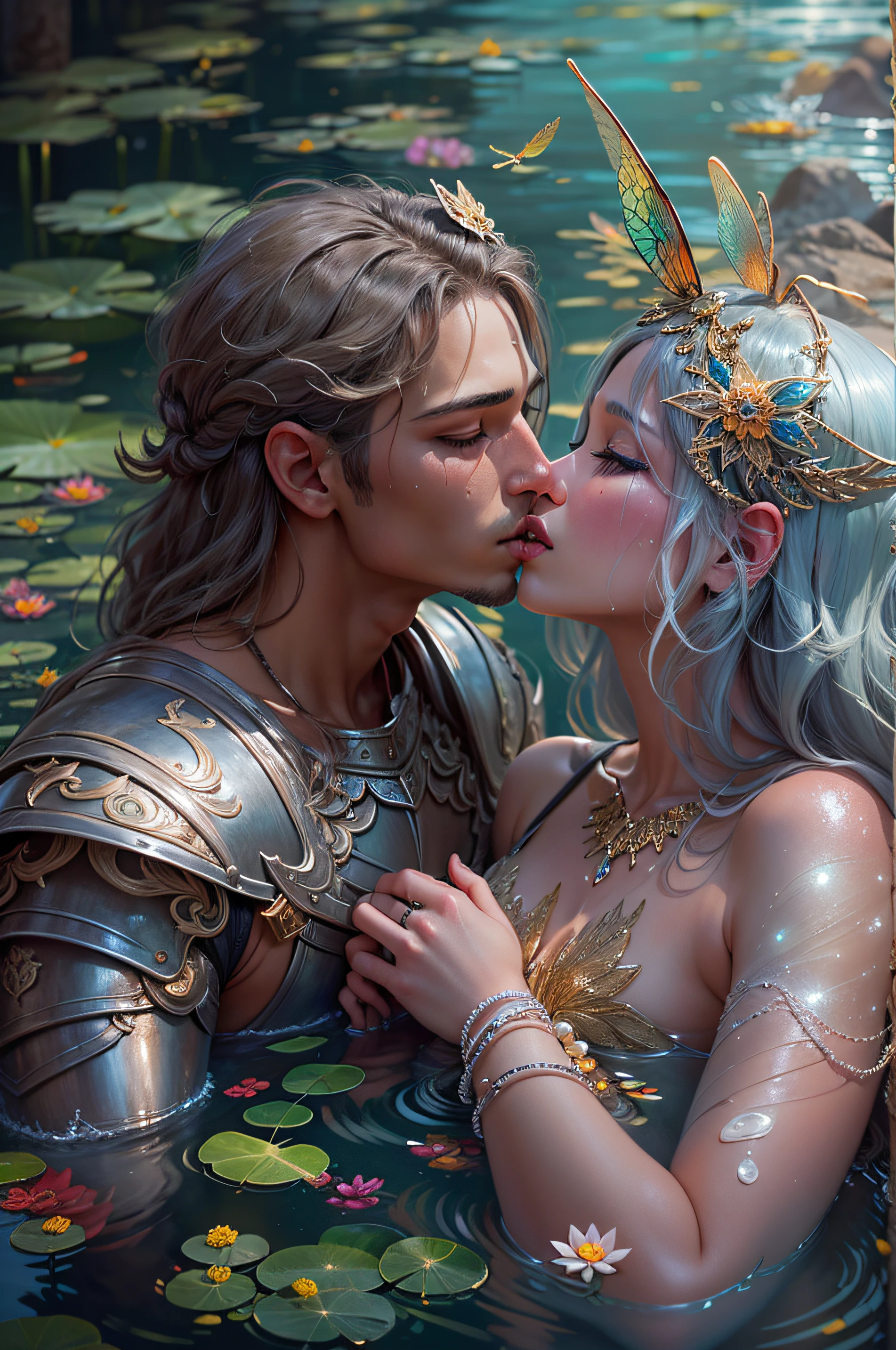 the kiss (Young Nymph and Male Knight), in river, Man in armor, A  girl (in a thong, glitter on the face, Dragonfly, Filigree, There is a scattering of glitter around, Foreshortening from above, mother-of-pearl scales, Bodypainting, tinsel+Sequins, Ethereal brilliance, Face detailing, plump wet lips, long eyelashes). hyper realisitc, real-photo, Art Nouveau, surrealism, River water lilies all around, , soft light, hight resolution, higly detailed, 30mm lens,1/4000s, f/2.8, ISO 300, octan, photo realism