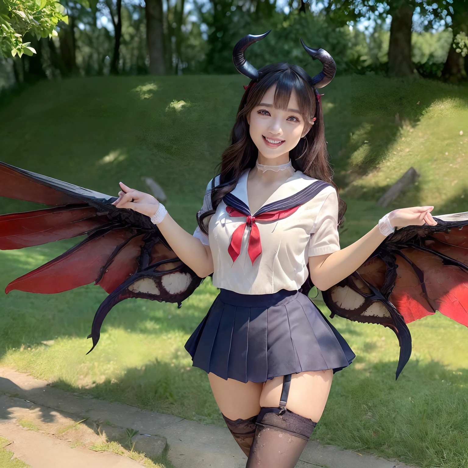 (((masutepiece、top-quality)))、((1 schoolgirl、Wearing a sailor suit、School Sailor Uniform、Perfect sailor suit、Red ribbons、Navy skirt))、((Huge and intricate demon wings,Wings with a very elaborate texture,Wings with a very complex texture,Creature wings with a very realistic texture,Wings of a terrifying monster,Big Devil's Horn,Realistic and big horns,Creepy horns,Horn with a very elaborate texture、The most complex and detailed corners、Huge and creepy horns、Detailed and intricate corners、((The background is the route to school、Walking along the school route surrounded by greenery、Walking on the way to school))、8K,An ultra-high picture quality,The most beautiful idol faces,Mature Face、The biggest smile staring at the camera、美丽的面容、Beautiful white teeth、natural make up、Natural bright lighting