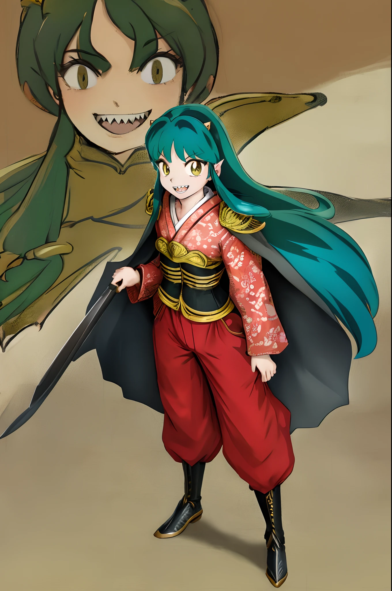 masterpiece, best quality,medieval armor, corset, breastplate,lum, , urusei yatsura, cloak, pants, pullover, kimono,martial pov,, pantyhose, sharpteeth, standing,smile, matial art,, full body, boots , pant, medium breast, pants, pullover,martial pov