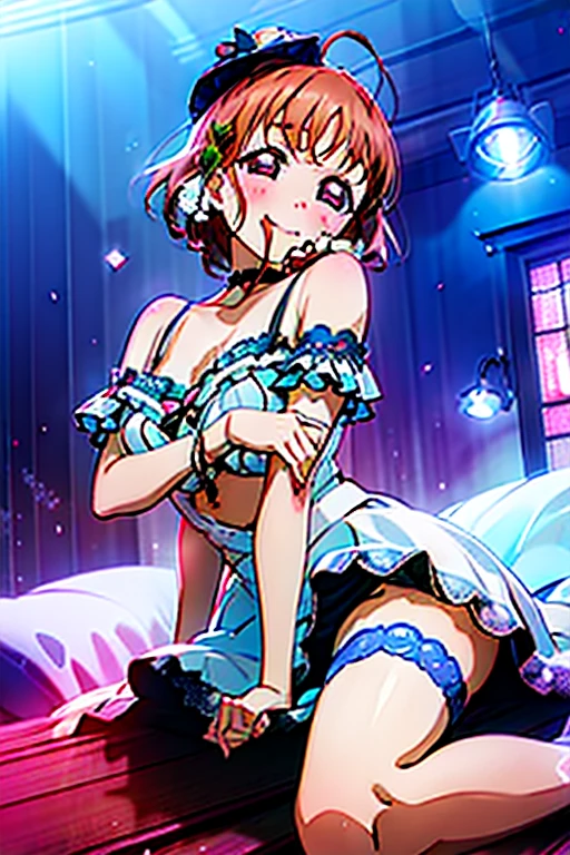 Top image quality、hightquality、very large udder、Too big、Underwear、Lace bra with frills、Bra shoulder straps、Lace panties、garter stocking、Large, pretty nipples、Beautiful areola、beauty legs、natta、a room、blushed face、Moist eyes、Seduce a man、sexy pose、Bewitching mouth