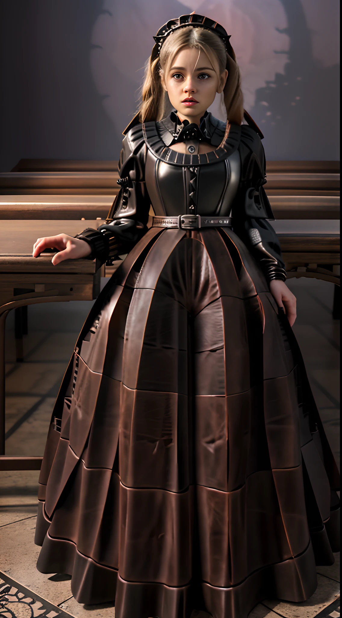 16k resolution, beautiful supermodel, highres, RAW photo, absurdres, full body portrait, Masterpiece, best quality, (very detailed CG Unity 16k wallpaper), (best quality), (best illustration), (best shadow), (beautiful woman Forced to pee herself during exam: 1.5), denied bathroom request, (grabbing sides of ballgown skirt curtsy: 1.7), defeated accepting the inevitable peeing herself (pees herself during exam: 1.5) (puddle forming under ballgown:1.4), (thick leather gothic long floor length pleated ballgown skirt:1.8) (leather gothic pleated ballgown: 1.8) (large breasts: 1.6) (corset halter: 1.5) (knee high combat boots:1.4), long braided pigtails, sadness, red lips, embarrassed, blushing, ashamed, silently crying, (legs crossed trying to close her pee hole: 1.5),
