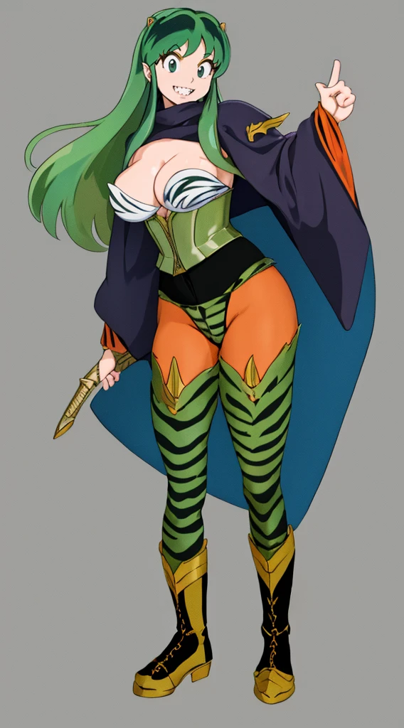 masterpiece, best quality,medieval armor, corset, breastplate,lum, , urusei yatsura, cloak, pants, pullover, kimono,martial pov,, pantyhose, sharpteeth, standing,smile, matial art,, full body, boots , pant, medium breast, pants, pullover,martial pov