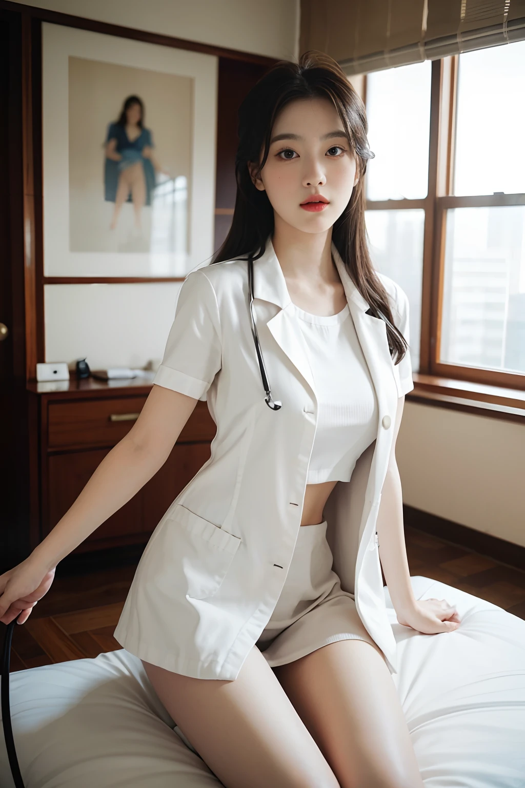 1girls, bestquality, office,hospital,Realistic, real light, large boobs、tremendously big.,beste-Qualit, ultra-high resolution, (photorealistic portrait:1.4),master-piece, office, Whole body,Female Doctor,doctor,Female Doctor,Gown set,white outfit,Stretch your legs..,Leg separation,Underwear Show,Sexual temptation,stethoscope,A little embarrassed.