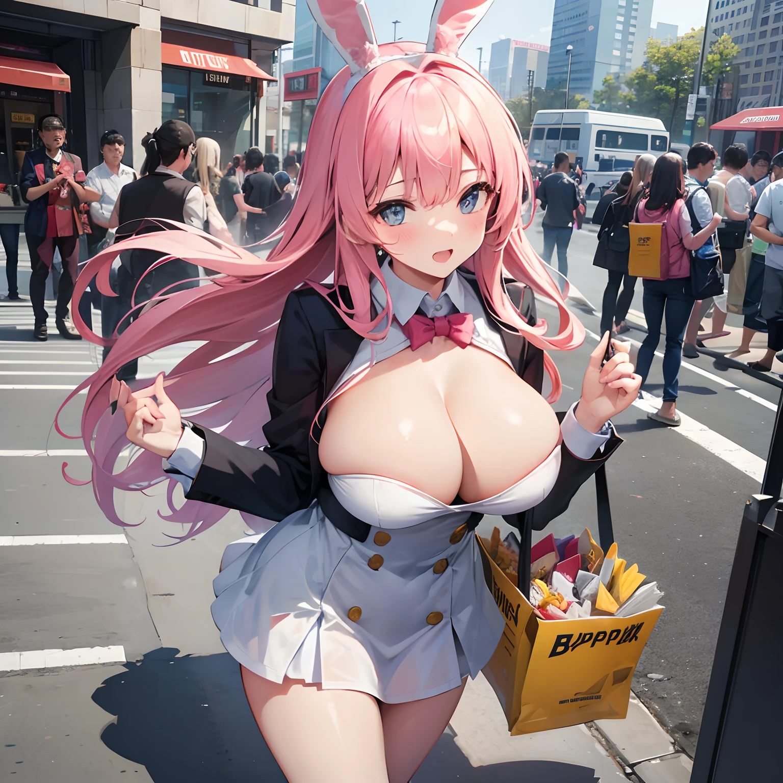 Distribution of leaflets in front of the station，Super busty bunny girl，The city is bustling，emphasis on the chest，The camera is taken from above at an angle.，