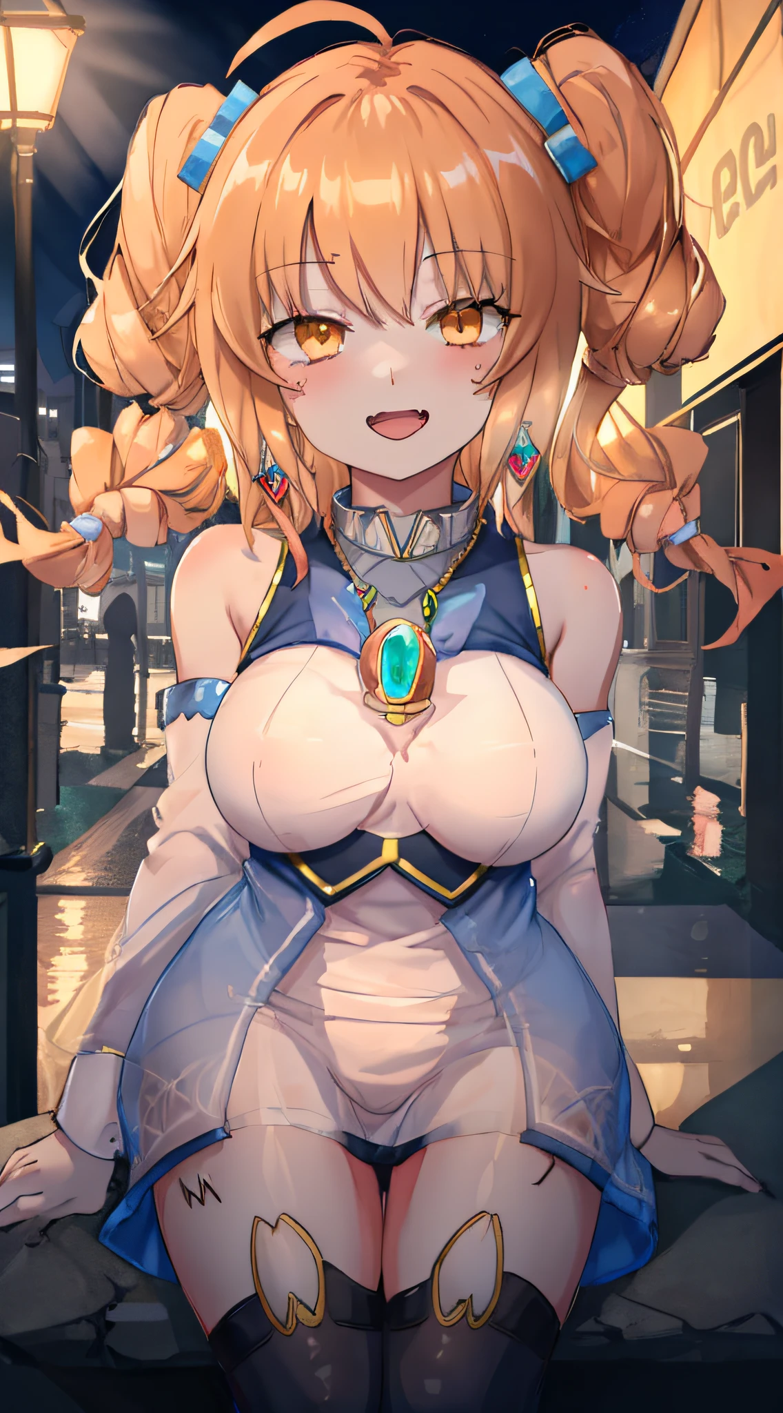 1girl, solo, yorigami jo'on, orange hair, orange eyes, jewelry, pendant, earrings, looking at viewer, outdoors, crowd, makeup, Magical girl, twin drills, drill hair, night city, open mouth, smiley, modern city, tachi-e, high details, high quality, super detail, anatomically correct,old money,stockings,uniform