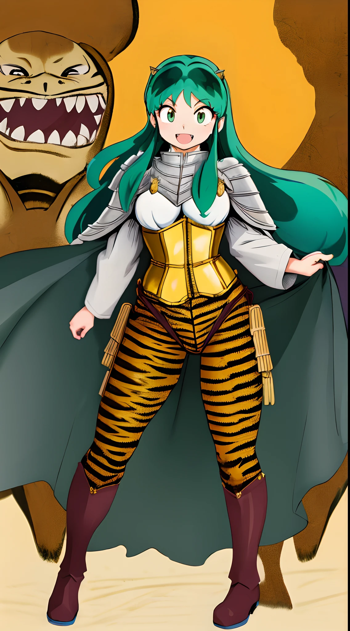 masterpiece, best quality,medieval armor, corset, breastplate,lum, , urusei yatsura, cloak, pants, pullover, kimono,martial pov,, pantyhose, sharpteeth, standing,smile, matial art,, full body, boots , pant, medium breast, pants, pullover,martial pov