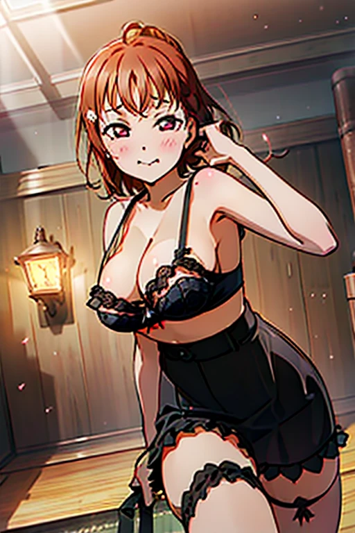 Top image quality、hightquality、very large udder、Too big、Underwear、Lace bra with black ruffles、Black bra shoulder straps、Black lace panties、Black garter stockings、Large, pretty nipples、Beautiful areola、beauty legs、natta、a room、blushed face、Moist eyes、Seduce a man、sexy pose、Bewitching mouth、